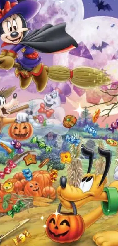 Disney Halloween wallpaper with characters and pumpkins.