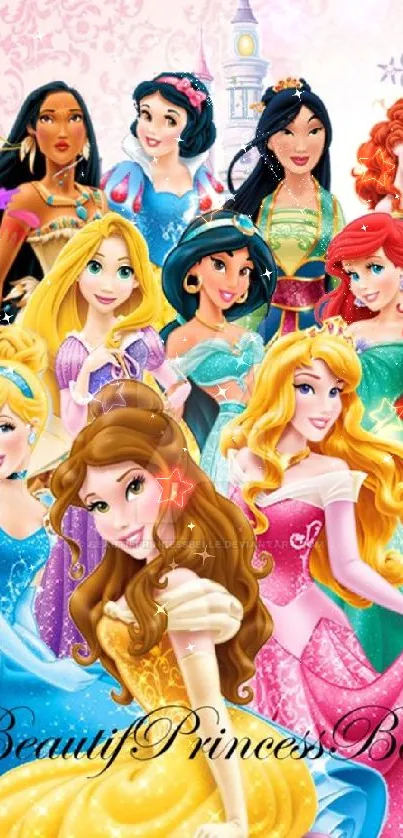 Colorful Disney princesses in iconic dresses.