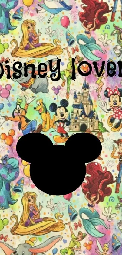 Vibrant Disney lover wallpaper with beloved characters and castle backdrop.