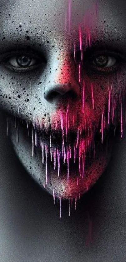 Distorted face with pink drips in dark gray background.