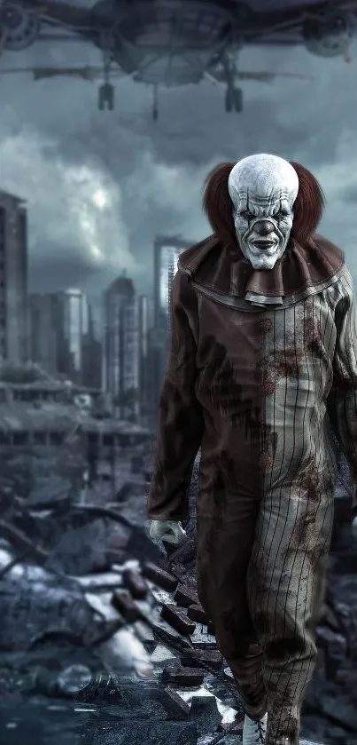 Menacing clown in a post-apocalyptic urban setting, dark and eerie.