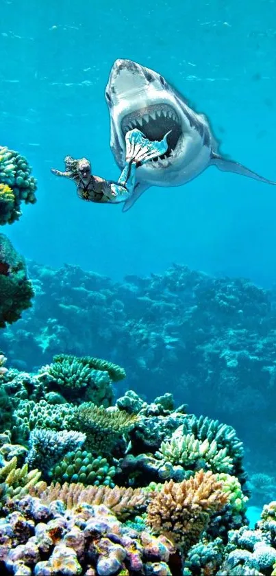 Thrilling underwater scene with diver and shark near vibrant coral reef.