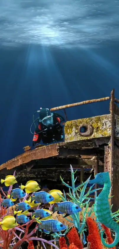 Underwater diver at shipwreck with colorful fish and marine life.