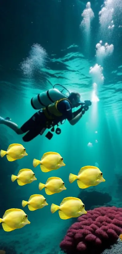 Scuba diver with yellow fish in ocean