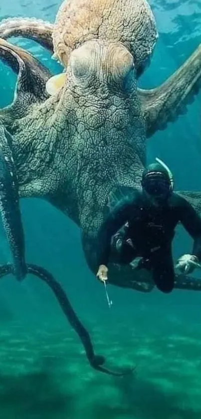 Diver swims with a massive octopus in the deep ocean.