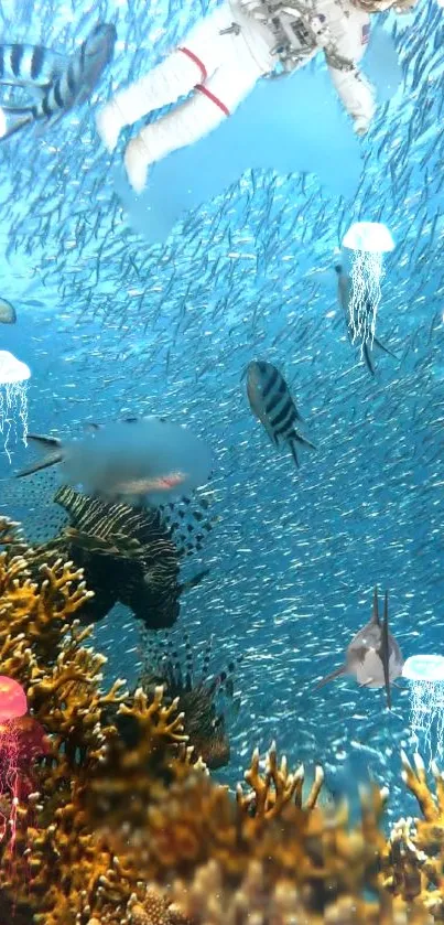 Ocean scene with diver, coral, fish, and jellyfish in bright blue waters.