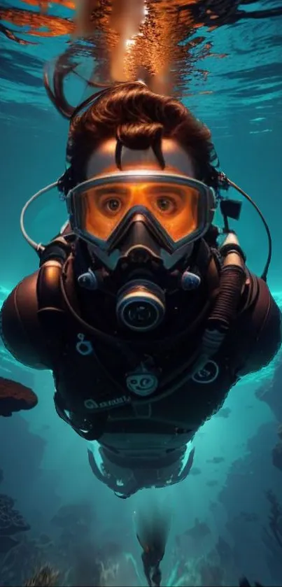 Diver in blue waters with marine life surrounding.