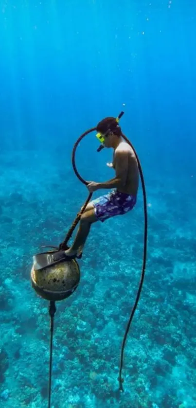 Diver exploring vibrant blue ocean underwater scene.