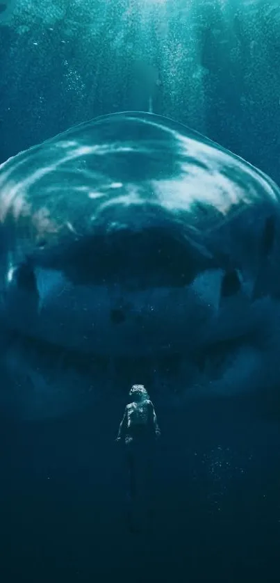 Diver encounters a massive shark in deep blue ocean waters, creating a dramatic scene.