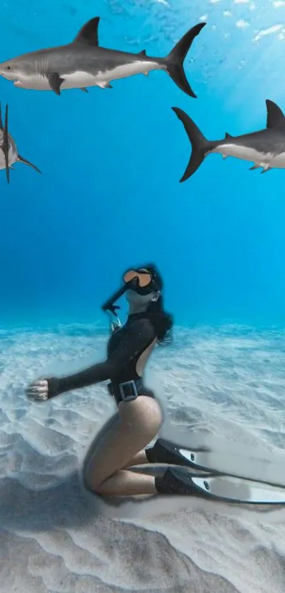 Diver in blue waters surrounded by sharks.