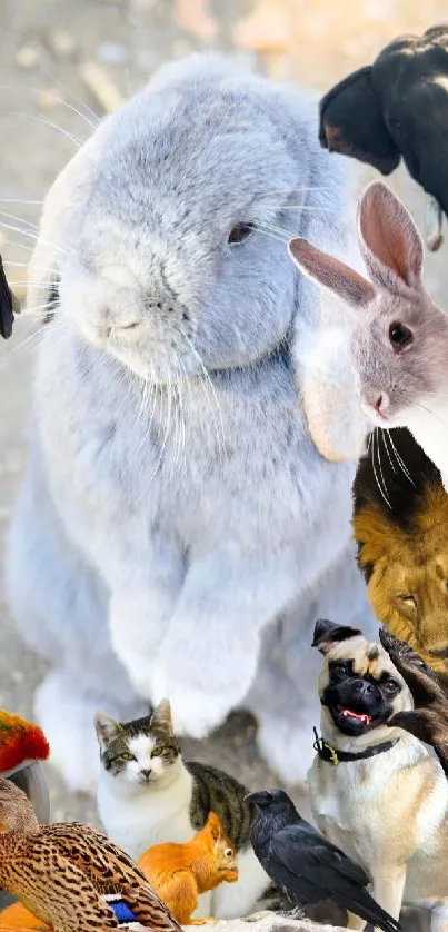 Collage of diverse animals with a fluffy large rabbit as the centerpiece.