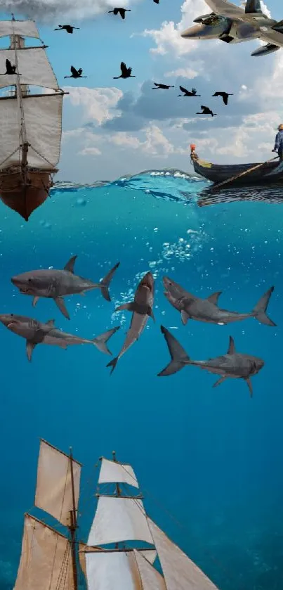 Wallpaper of ships, sharks, and jets in a mesmerizing ocean scene.