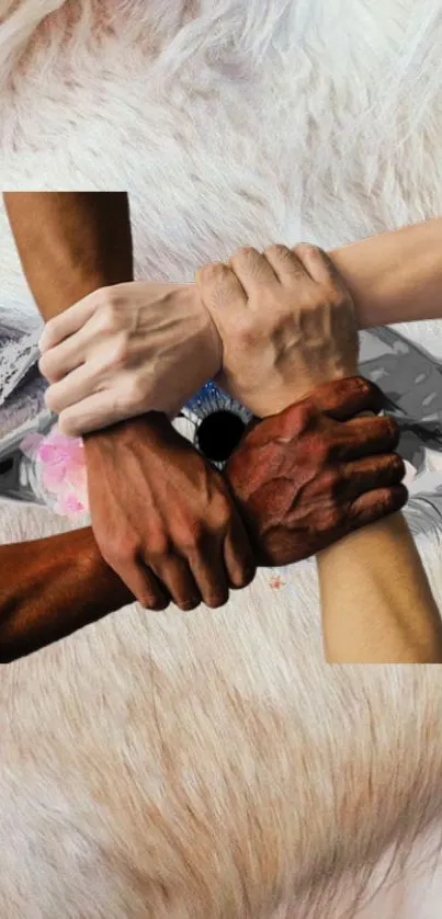 Diverse hands joined in unity on a cream background symbolizing togetherness.