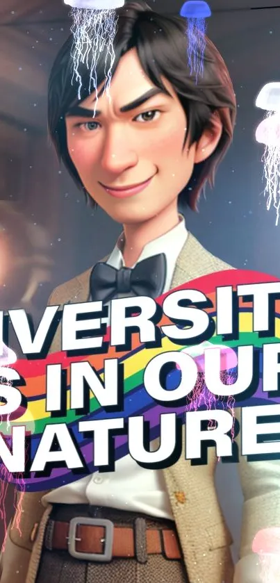 Animated character with diversity message and rainbow theme.