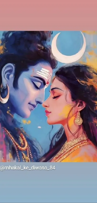 Serene artwork of a mythical couple with vibrant colors.