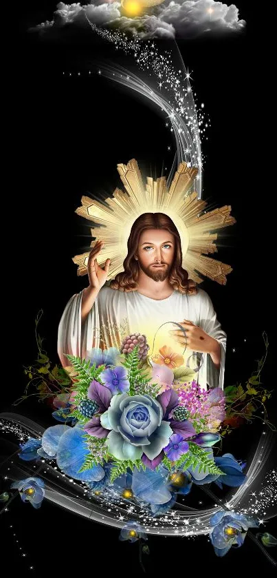 Divine celestial figure with vibrant flowers on a dark background.