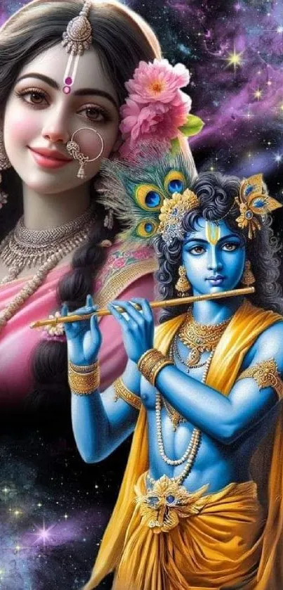 Vivid mobile wallpaper of Krishna playing flute with Radha, set against a cosmic backdrop.