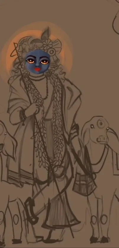 Sketch of divine figure with animals in mobile wallpaper.