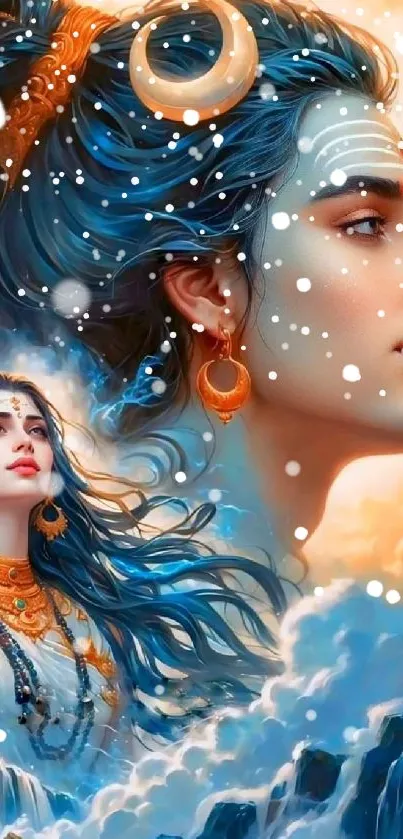 Elegant divine illustration with blue hair and gold decor.