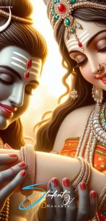 Artistic depiction of Shiva and Parvati with vibrant colors.