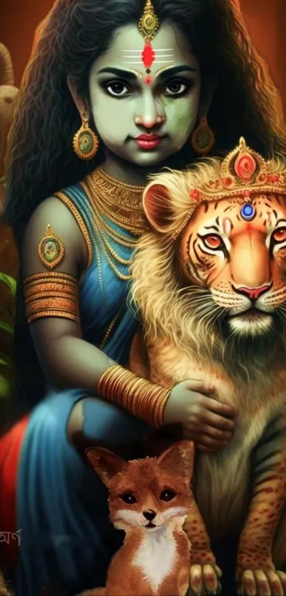 Divine deity with tiger and fox, vibrant art scene.