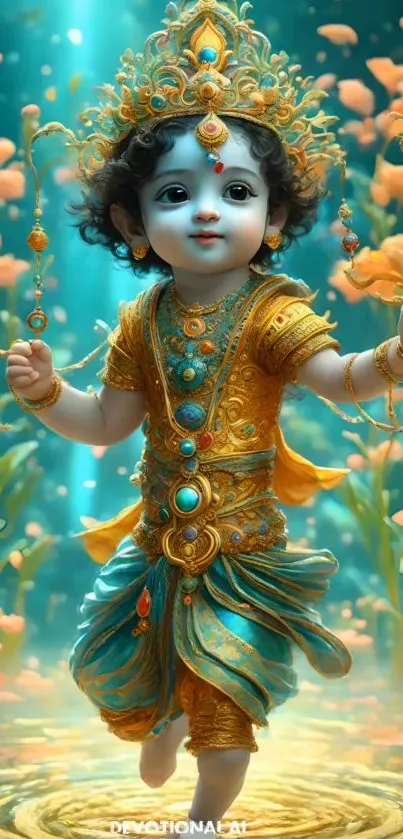 Mobile wallpaper of Baby Krishna surrounded by a vibrant, floral setting.