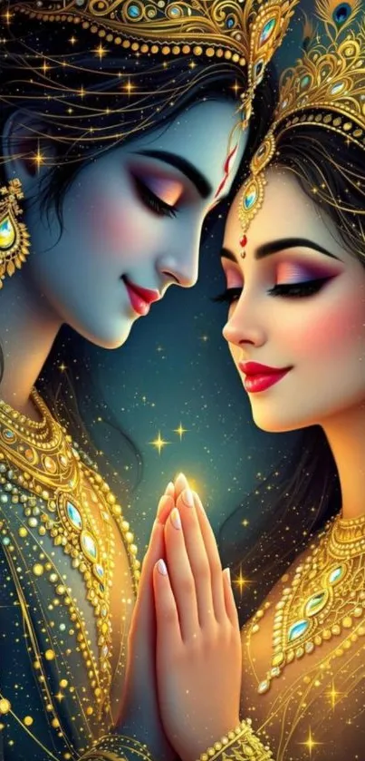 Divine duo adorned in gold and jewels in artistic wallpaper.