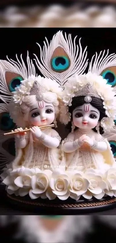 Intricate divine figurines with peacock feathers.