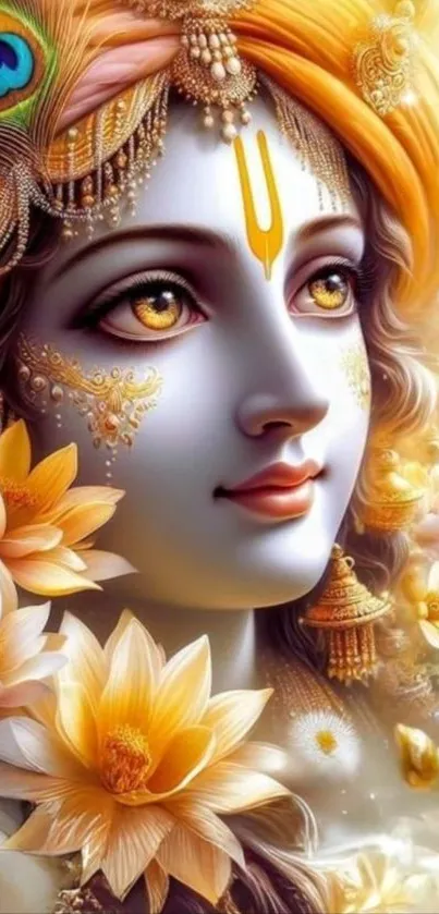 Serene divine figure with golden hues and lotus blossoms.