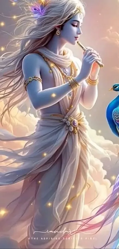 Celestial figure with flute and peacock art wallpaper.