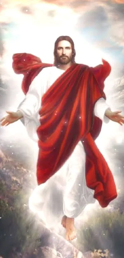 Divine figure ascending with red and white robes against a mountain backdrop.