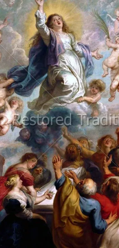 Assumption of Mary with angels and saints depicted in vibrant art.