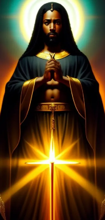 Spiritual figure with a golden cross and divine aura on a mobile wallpaper.