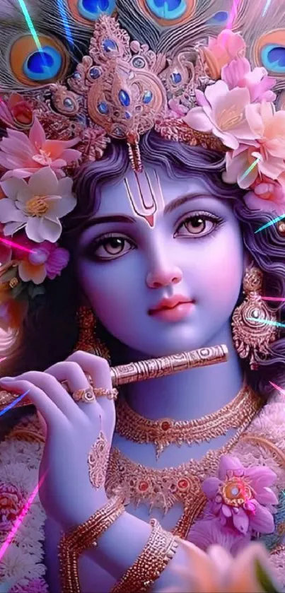 Divine avatar with flute and flowers, in vibrant colors.