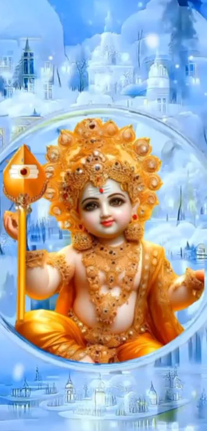 A vibrant divine baby deity with golden attire and spiritual charm.