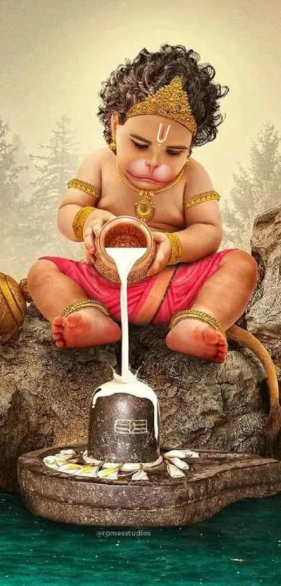 Baby Hanuman performs a ritual on a rock.