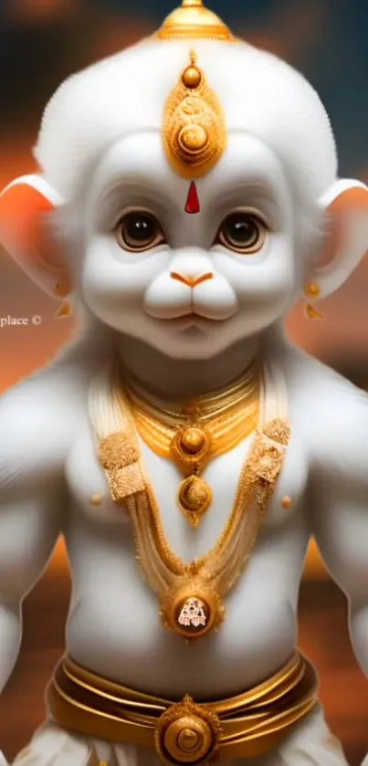 Divine Baby Hanuman adorned in gold jewelry against a blurred background.