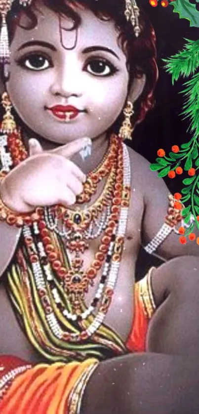 A spiritual Indian artwork of a divine baby with vibrant jewelry.