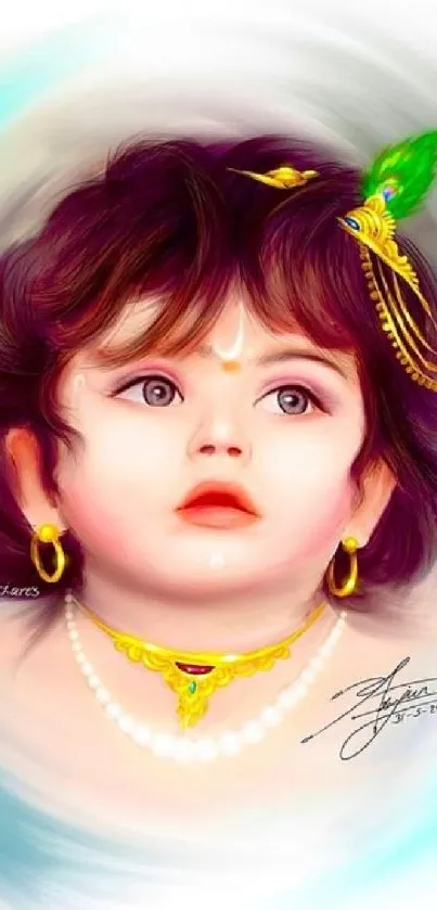 Vibrant illustration of Baby Krishna with divine elements.