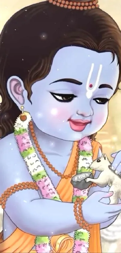 Illustration of Baby Krishna holding a squirrel, with divine and serene expression.