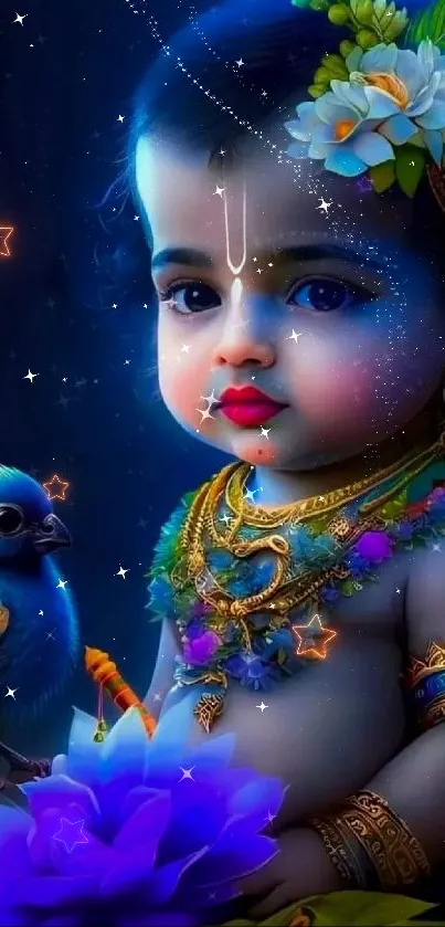 Vibrant Baby Krishna with a peacock and a blue flower.