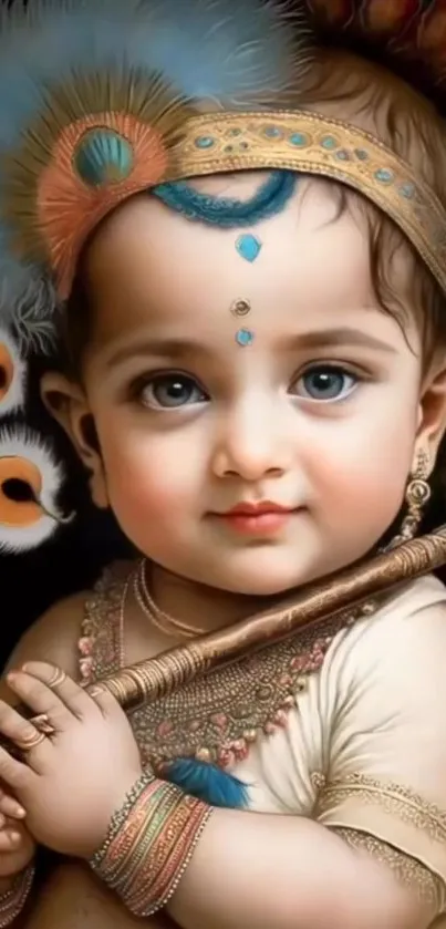 Mobile wallpaper of Baby Krishna with intricate divine art.