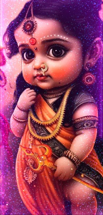 Baby Krishna art in vibrant orange attire with a mystical purple background.