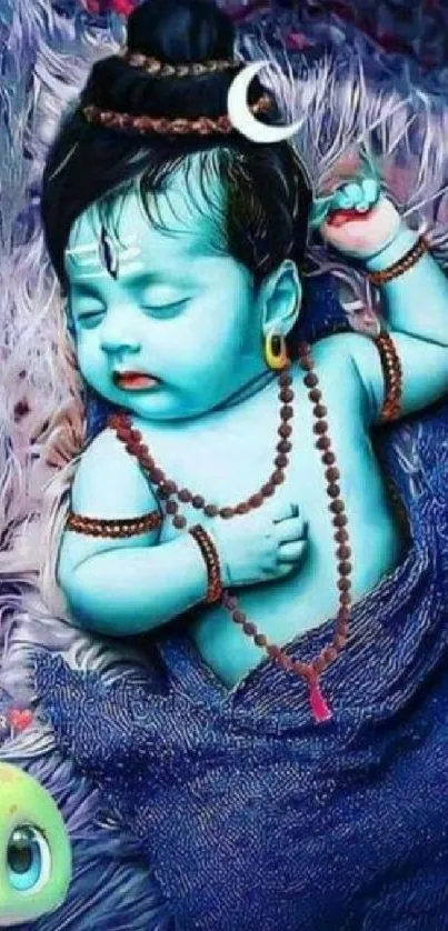 Vibrant depiction of Baby Krishna in blue tones with traditional jewelry.