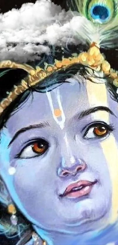 Artistic depiction of baby Krishna with peacock feather.