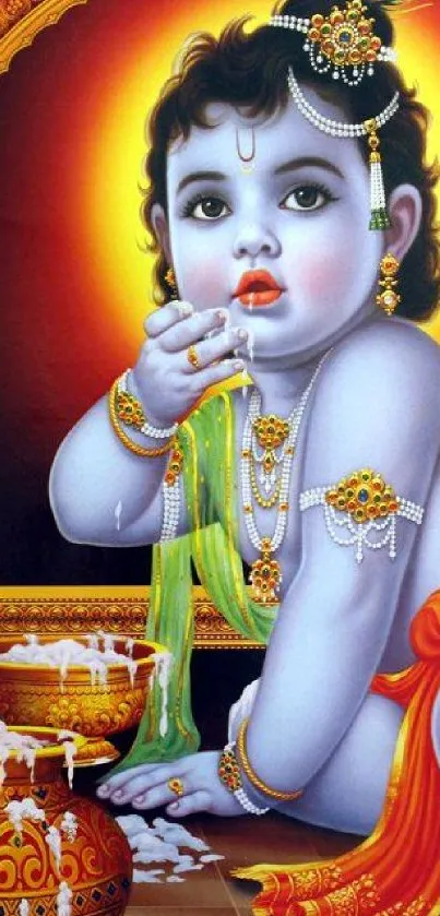 Vibrant artwork of Baby Krishna with decorative gold accents and spiritual aura.