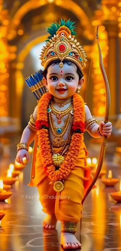 Divine child adorned with jewelry, holding a bow, surrounded by glowing lights.