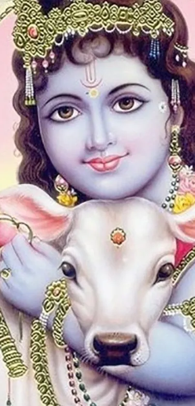 Baby Krishna holding a calf in vibrant colors.