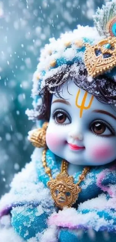 Enchanting Baby Krishna amidst winter snowflakes.