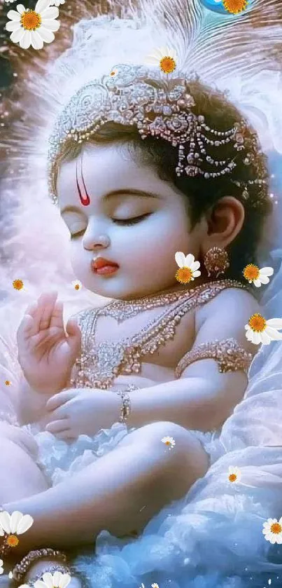 Baby Krishna in a serene pose with daisies and intricate jewelry.